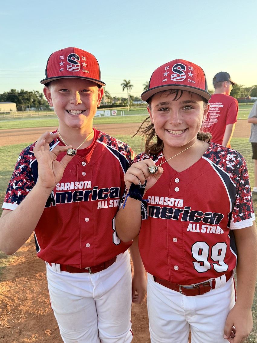 Stone Meininghaus (left) and Lorenzo Izzo (right) show off their district championship rings. Sarasota Little League was able to organize teams like the 12U American All-Stars in part because of the donations it collected through fundraisers last fall. Stone Meininghaus (left) and Lorenzo Izzo (right) show off their district championship rings. Sarasota Little League was able to organize teams like the 12U American All-Stars in part because of the donations it collected through fundraisers last fall.