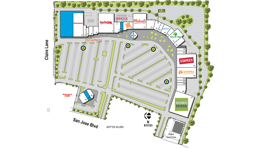 The vacant Unit 1 at Riverplace Shopping Center is listed by landlord Kimco Realty as being available for lease at 28,020 square feet. A permit application indicates that Burlington Stores is a prospective tenant.
