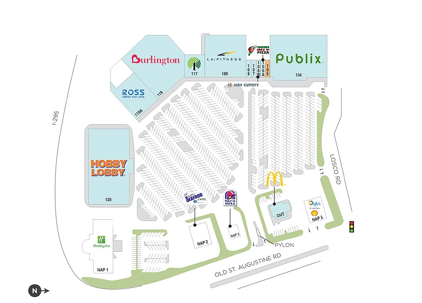 A site plan by landlord Regency Centers shows Burlington Stores in 58,124 square feet of space in Old St. Augustine Plaza at 11250 Old St. Augustine Road in Mandarin.