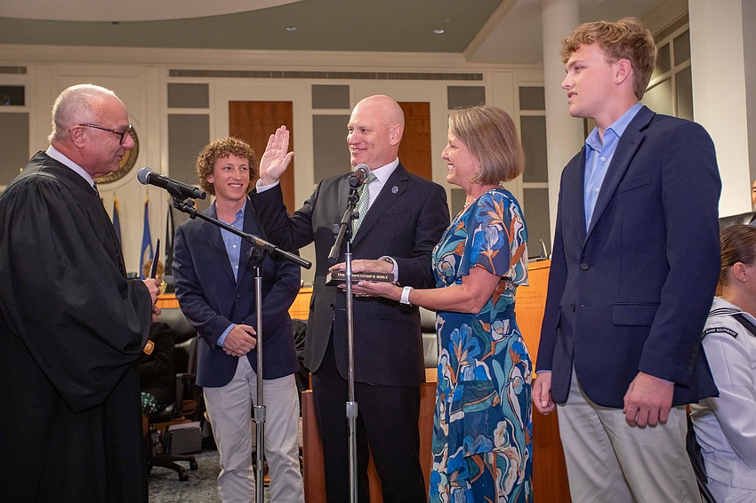 From left, Judge Gary Flower, Lukas Howland, Nick Howland, Malou Howland and Bennett Howland. Nick Howland is president of Jacksonville’s City Council after serving as vice president during the 2025-26 term. From left, Judge Gary Flower, Lukas Howland, Nick Howland, Malou Howland and Bennett Howland. Nick Howland is president of Jacksonville’s City Council after serving as vice president during the 2025-26 term.