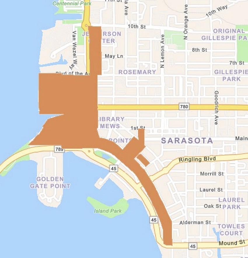 The Downtown Bayfront Zone District is highlighted in orange.