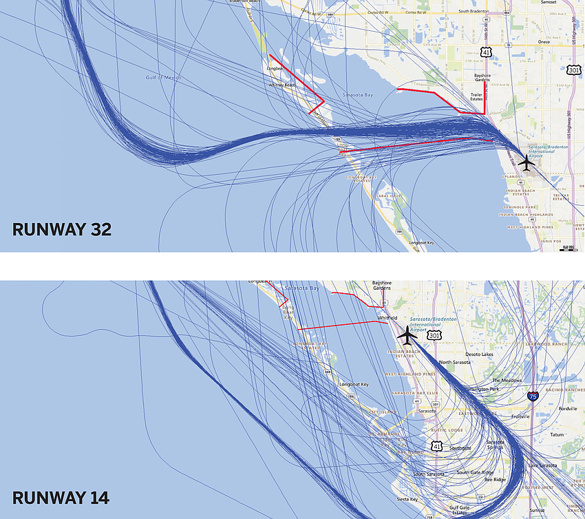 Sarasota-Bradenton International Airport departures from June 1-5. Blue lines indicate flight paths going over Longboat Key. Sarasota-Bradenton International Airport departures from June 1-5. Blue lines indicate flight paths going over Longboat Key.