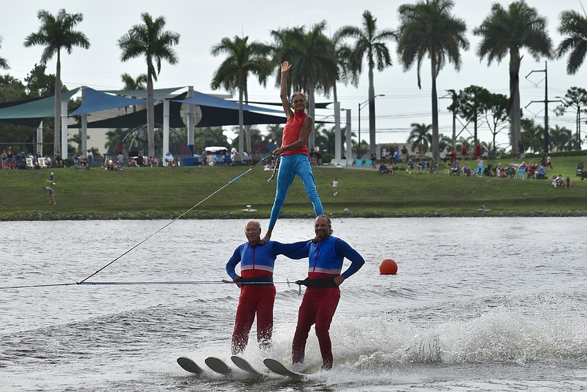 Sarasota Ski-A-Rees team members perform a pyramid during their July 3 show at Nathan Benderson Park.