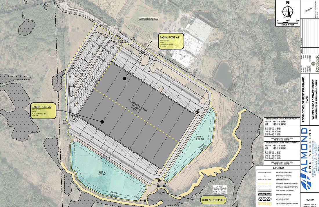 A post-development drainage plan shows the outline of the proposed 650,000-square-foot warehouse in consideration by Rooker, an Atlanta-based developer.