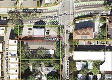 The site of the proposed Ringling & Osprey Condos is outlined in green, Osprey Court in red.
