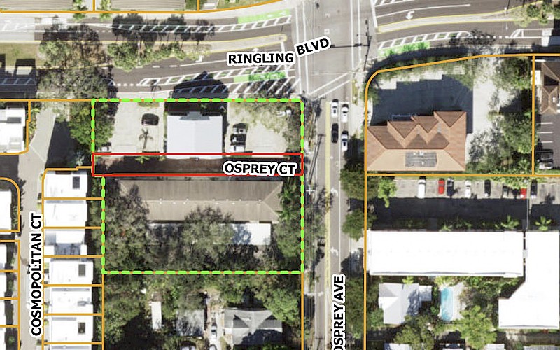 The site of the proposed Ringling & Osprey Condos is outlined in green, Osprey Court in red.