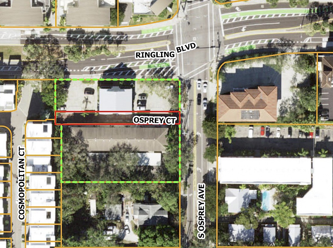 The site of the proposed Ringling & Osprey Condos is outlined in green, Osprey Court in red.