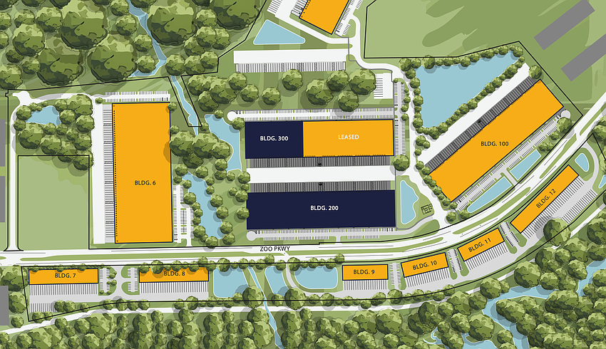 A site plan for Imeson Port Center in North Jacksonville shows five buildings north of Zoo Parkway and five smaller ones south of it. Buildings 200 and 300 are completed. Buildings 100 and 600, shown as Bldg. 1 and Bldg. 6 on the plan, are in review for development. A site plan for Imeson Port Center in North Jacksonville shows five buildings north of Zoo Parkway and five smaller ones south of it. Buildings 200 and 300 are completed. Buildings 100 and 600, shown as Bldg. 1 and Bldg. 6 on the plan, are in review for development.