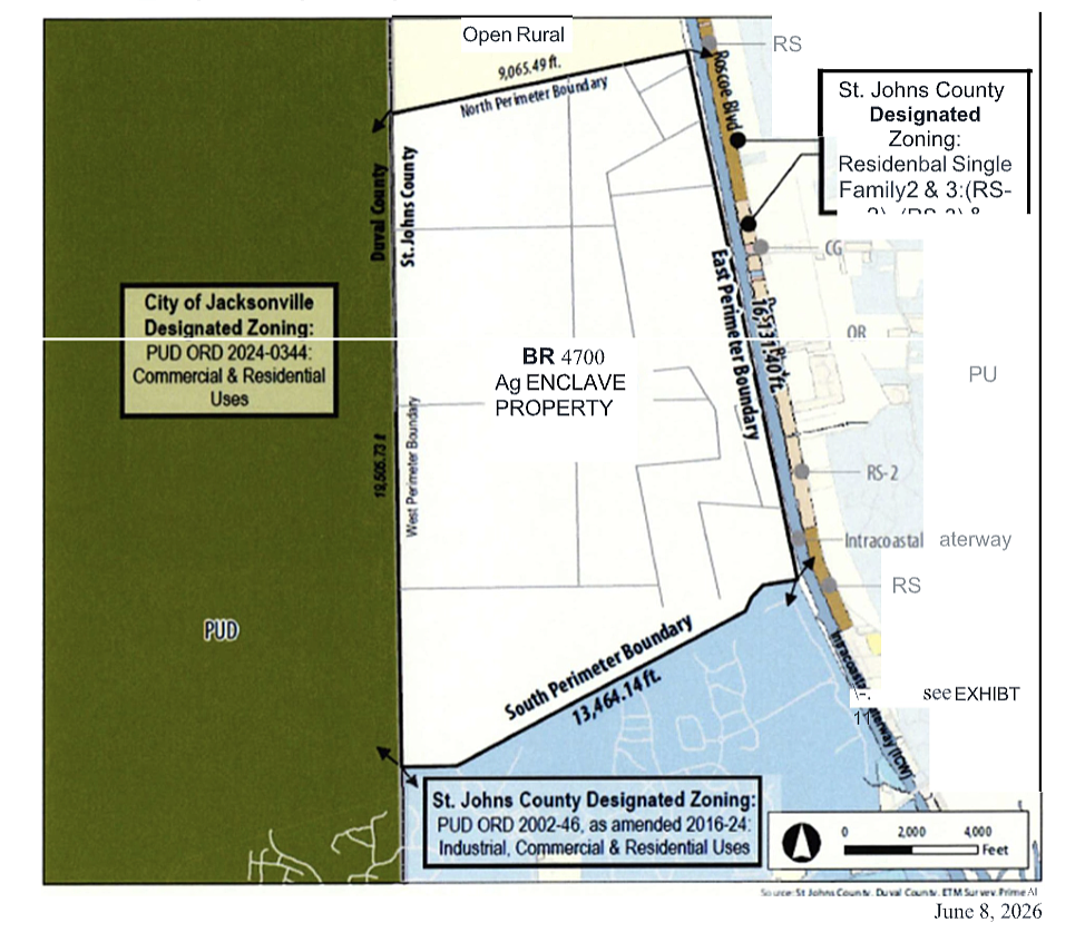 A community proposed by the Davis family, founders of Winn-Dixie, is planned for a 4,462-acre tract, one of St. Johns County’s largest undeveloped parcels with Intracoastal Waterway access. The property qualifies for consideration under Senate Bill 686, signed by Gov. Ron DeSantis on April 24, which establishes an expedited approval process for certain agricultural properties surrounded by existing development.