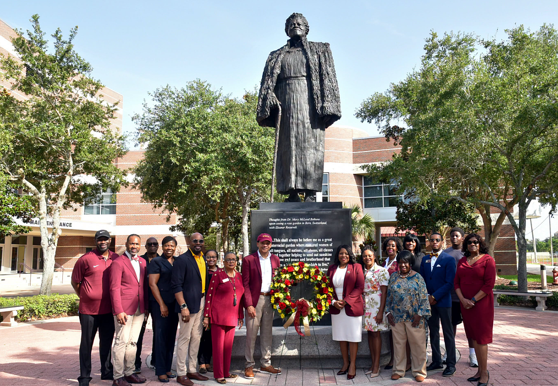 Bethune-Cookman University lays a wreath at Dr. Mary McLeod Bethune's statue on campus. Photo courtesy of B-CU