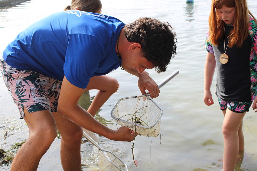 Intern Nick Kays helps camper Teagan Mckee identify her findings.