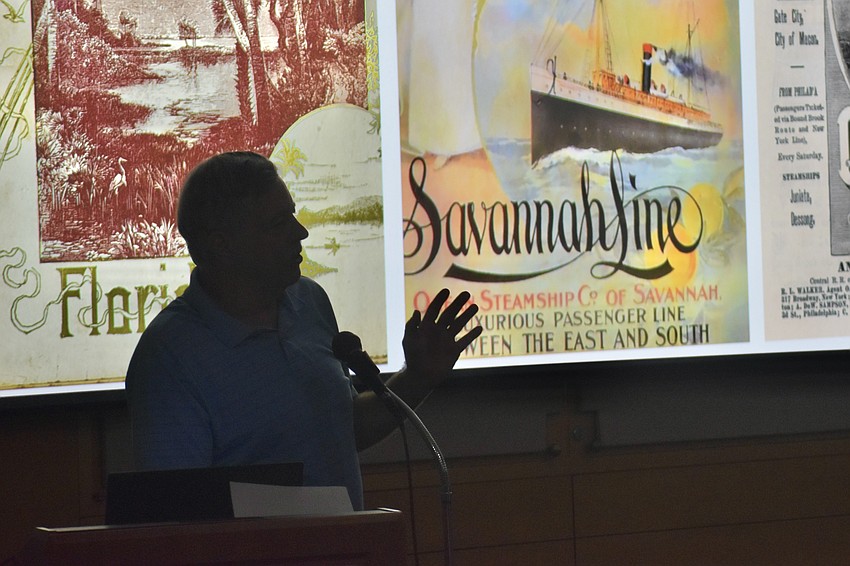 Florida author Doug Alderson delivers a presentation featuring Florida postcards.