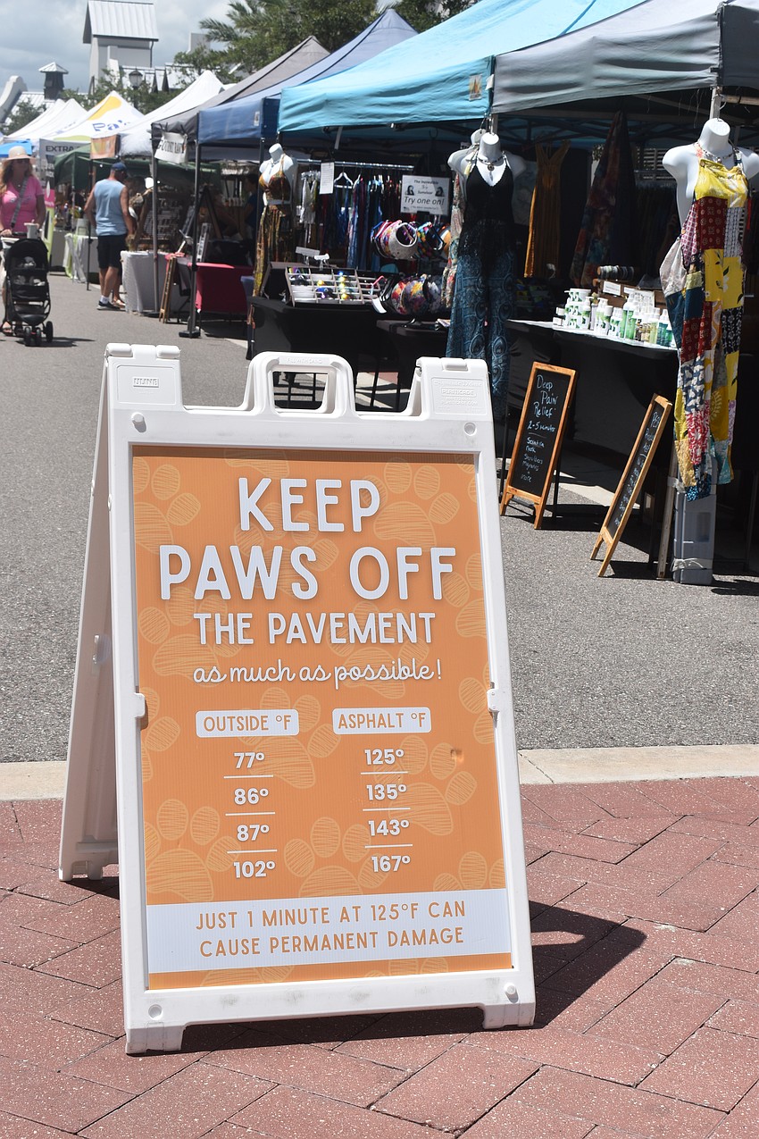A sign at the Farmers' Market at Lakewood Ranch warns dog owners to be mindful of how hot the pavement gets in hot weather.