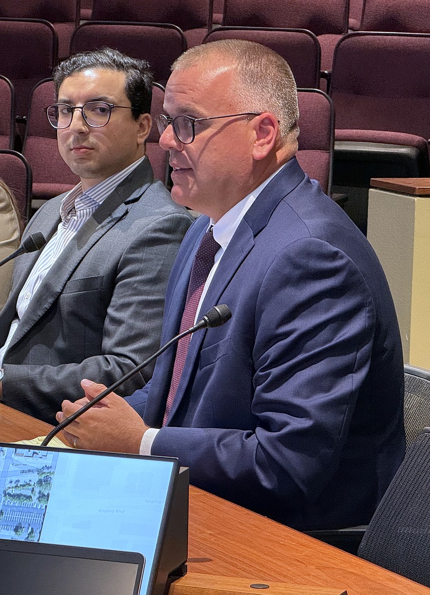 Philip DiMarie of Kimley-Horn (left) and Benderson Development's Todd Mathes present their case for 1660 Ringling Boulevard to the Planning Board. Philip DiMarie of Kimley-Horn (left) and Benderson Development's Todd Mathes present their case for 1660 Ringling Boulevard to the Planning Board.