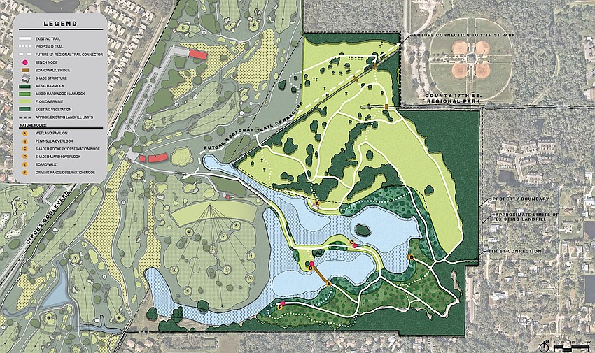 The map shows completion of the Bobby Jones Nature Trail, including a future Legacy Trail connection into Sarasota County's under-redevelopment 17th Street Regional Park. The map shows completion of the Bobby Jones Nature Trail, including a future Legacy Trail connection into Sarasota County's under-redevelopment 17th Street Regional Park.