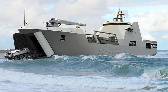 A rendering shows the Medium Landing Ship, designed by Damen Shipyards Group, which the U.S. Navy plans to build as part of a 35-ship fleet supporting Marine Corps operations in contested coastal environments.
