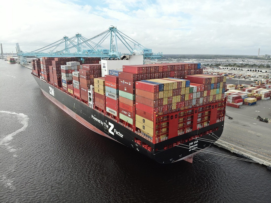 The ZIM containership USA is shown in January 2023 at JaxPort. ZIM Line, along with Mediterranean Shipping Company, recently brought the ship Sapphire to Jacksonville as part of a new joint shipping route.