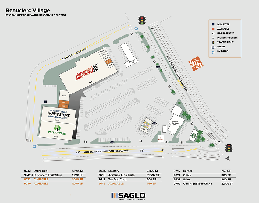 The Beauclerc Village site plan shows Advance Auto Parts in the unit addressed as 9718 Old St. Augustine Road. The Beauclerc Village site plan shows Advance Auto Parts in the unit addressed as 9718 Old St. Augustine Road.