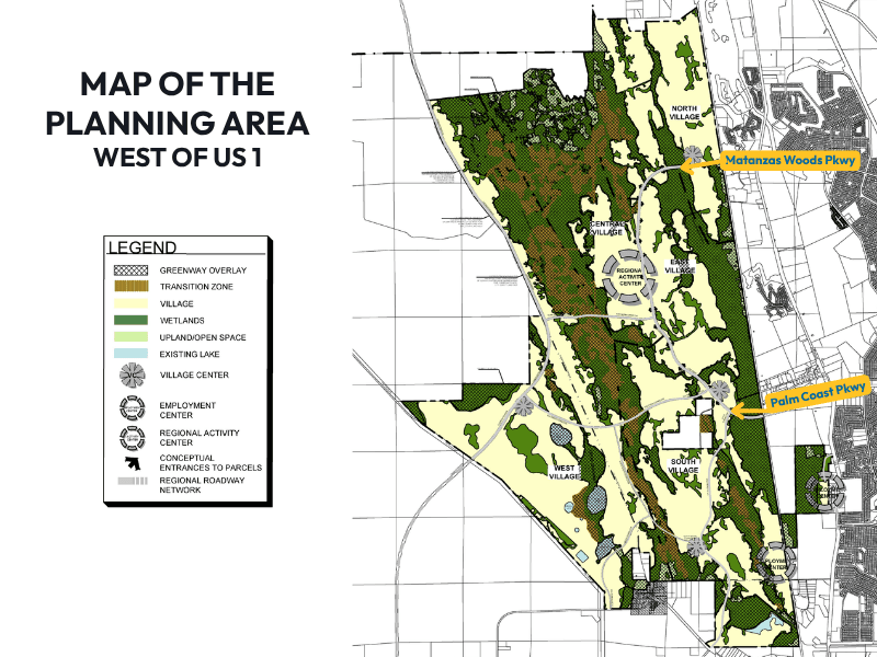 Conceptual master plan for Palm Coast's proposed westward expansion shows the envisioned layout of villages, employment centers, a regional activity center, greenway corridors and future roadway connections west of U.S. 1. Courtesy of the City of Palm Coast.