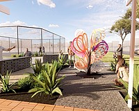 A conceptual rendering of Swing in the courtyard at Payne Park Tennis Center.
