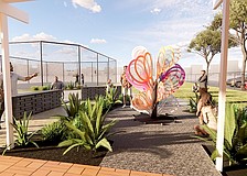A conceptual rendering of Swing in the courtyard at Payne Park Tennis Center.