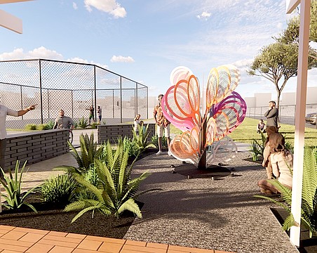 A conceptual rendering of Swing in the courtyard at Payne Park Tennis Center.
