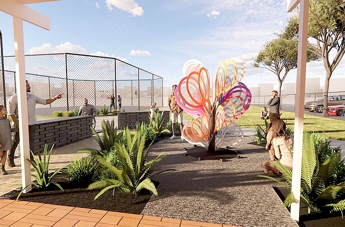 A conceptual rendering of Swing in the courtyard at Payne Park Tennis Center.