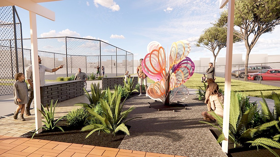 A conceptual rendering of Swing in the courtyard at Payne Park Tennis Center.