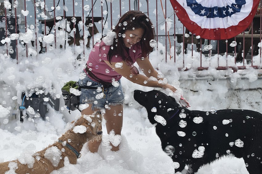 Toby, Margarita Khan and her dog Elvis play in the foam.