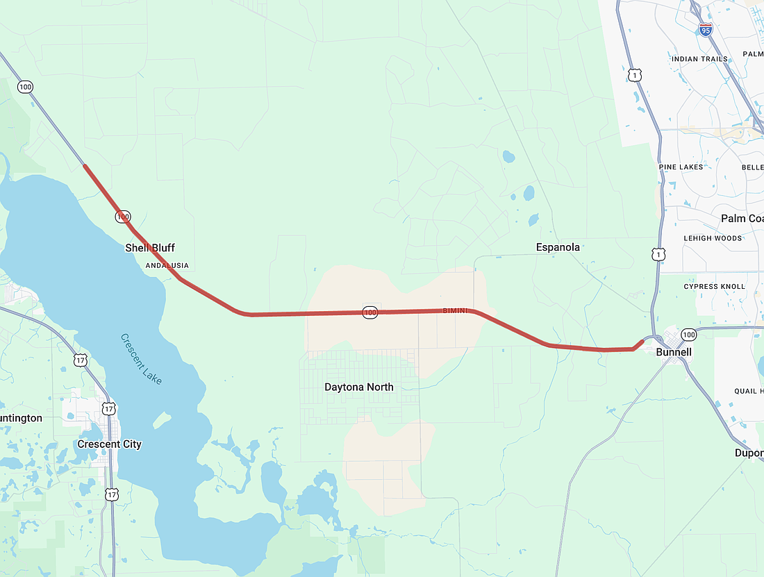 State Road 100 will be repaved for almost 17 miles, heading west from downtown Bunnell. FDOT map