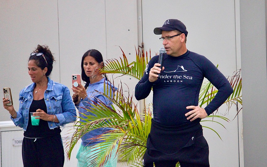 Dan Conklin, curator of the St. Regis Longboat Key Resort lagoon, welcomes visitors to the one-of-a-kind introduction of ray pups to the outdoor tank.