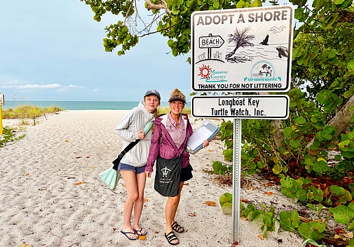 Mother-daughter duo Bridgette, left, and Giana Clark make a doubly positive difference in their community by monitoring sea turtle nests and clearing litter from the beach as volunteers with the Longboat Key Turtle Watch. The group recently celebrated seeing their new "Adopt A Shore" signage.