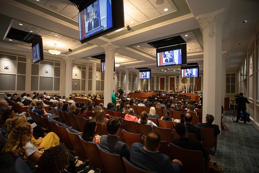 Attendees watch Jacksonville Mayor Donna Deegan’s budget address on monitors in the City Council Chamber July 20 Attendees watch Jacksonville Mayor Donna Deegan’s budget address on monitors in the City Council Chamber July 20