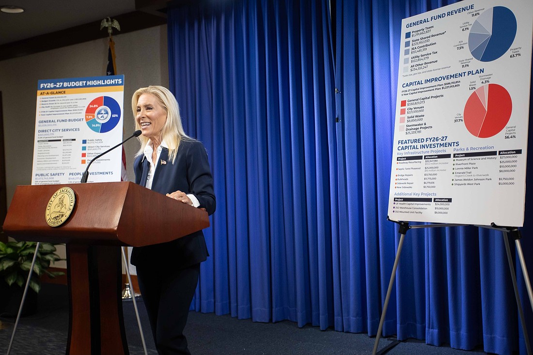 Jacksonville Mayor Donna Deegan speaks at a news conference following her July 20 budget address to City Council. She has scheduled eight town halls in August and September to discuss the proposed $2.03 billion budget.