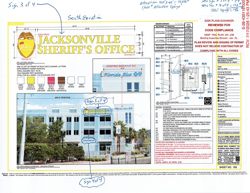 A city site plan shows a rendering of the Jacksonville Sheriff's Office sign planned to face Edison Avenue, one of four signs going up at the 800 Forest St. parking garage as the department consolidates operations at the site.