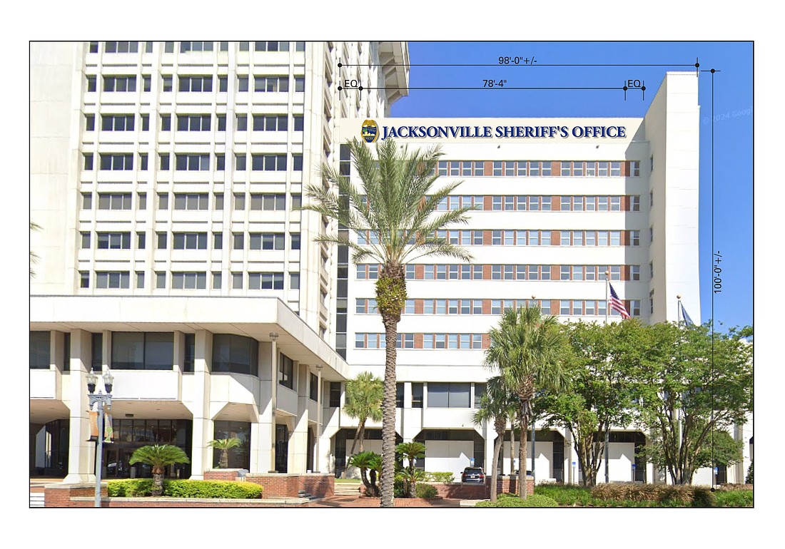 The “Jacksonville Sheriff’s Office” name and badge will replace Florida Blue on the top side of the lower tower at 532 Riverside Ave.