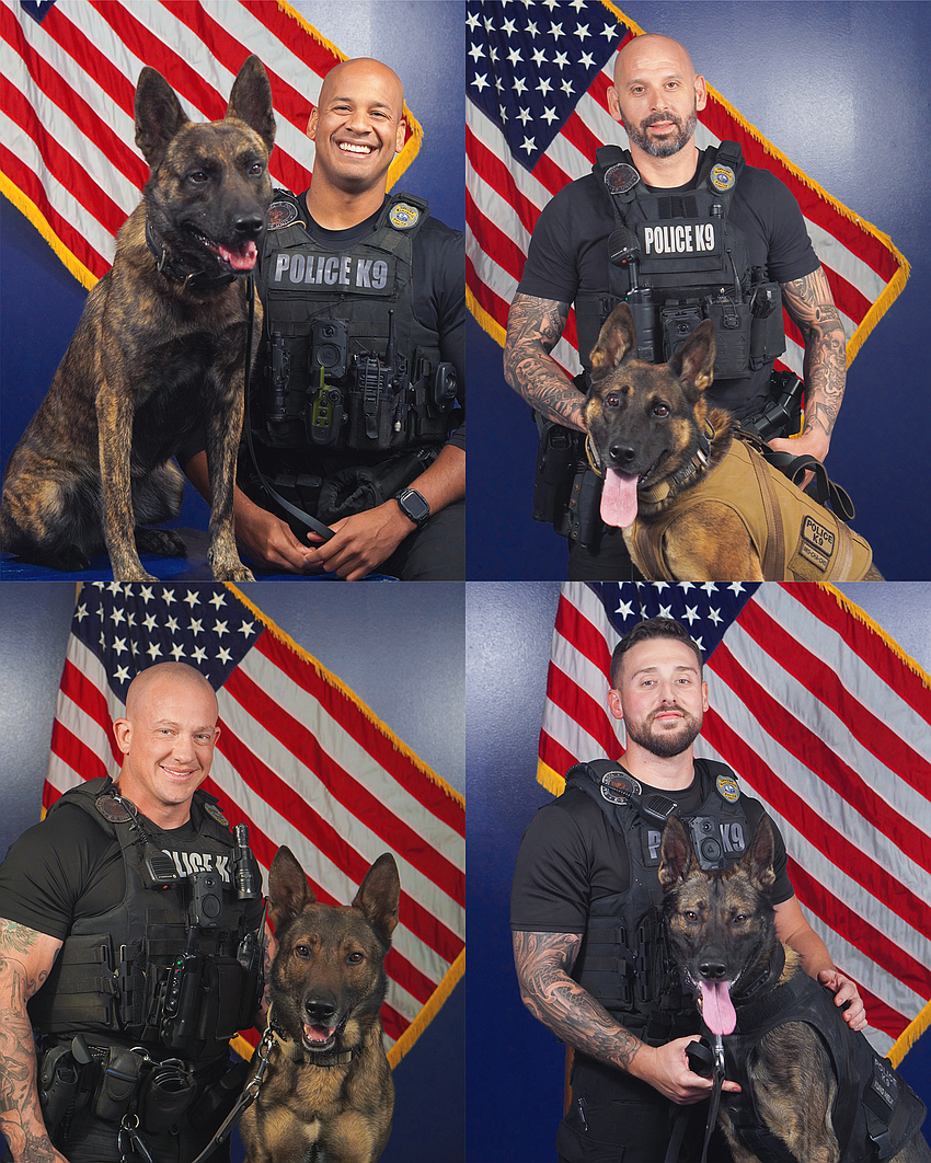 Clockwise from top left: Officer Adam Bearden with K-9 Butch, Officer Jacob Nelson with K-9 Brody, Officer Ryan Block with K-9 Kodak and Officer Nicholas Laquidara and K-9 Koba. Clockwise from top left: Officer Adam Bearden with K-9 Butch, Officer Jacob Nelson with K-9 Brody, Officer Ryan Block with K-9 Kodak and Officer Nicholas Laquidara and K-9 Koba.
