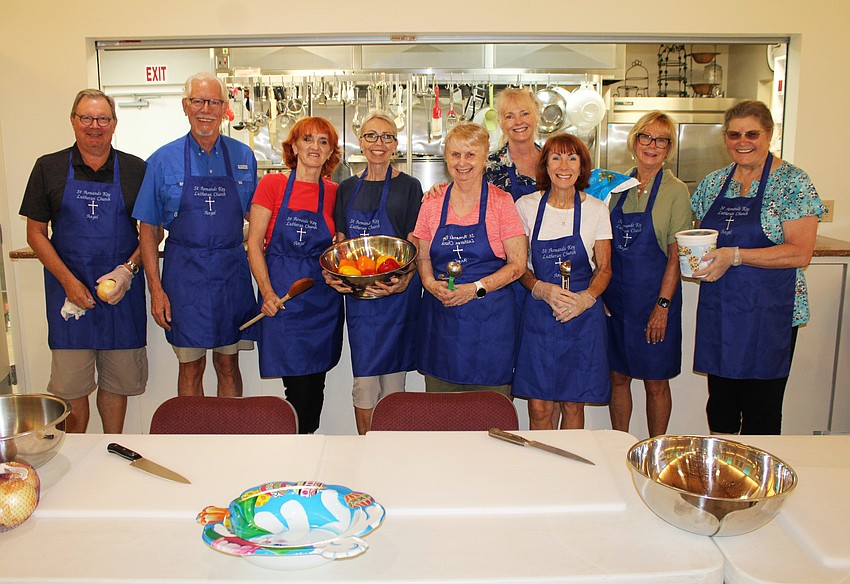 Peter Teuber, Ernie Smith, Chris Sturm, Kris Soderman, Denise Watermeier, Karyn Smith, Jan Pilch, Gayle Galloway and Juli Kampe volunteer to cook for Resurrection House on July 23 at St. Armands Key Lutheran Church.