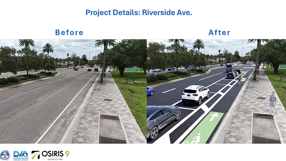 A rendering shows the results of a proposed street redesign project that would add parallel parking along both sides of Riverside Avenue in Brooklyn between the Acosta Bridge and Forest Street.