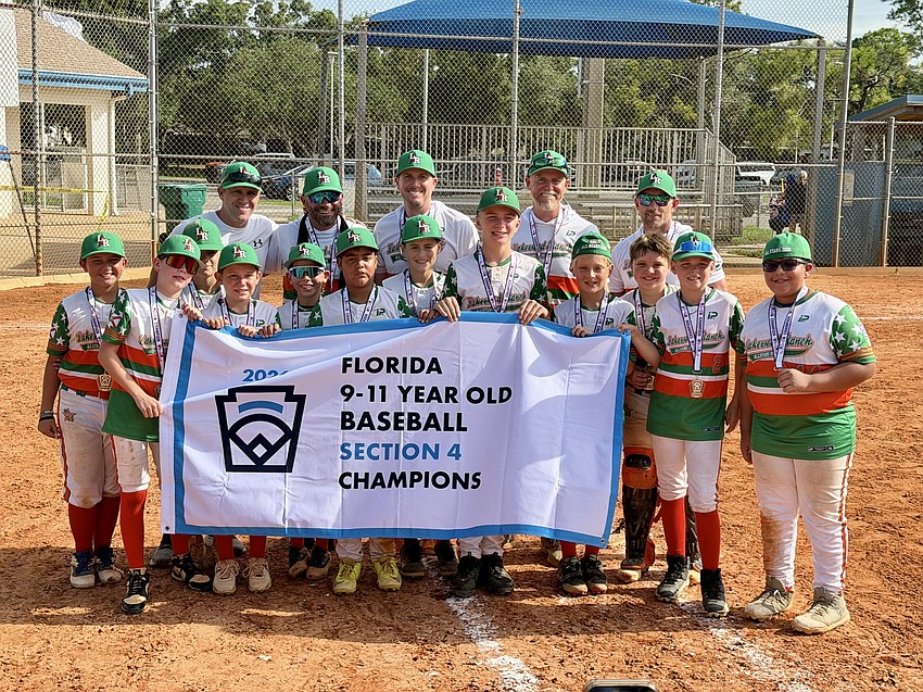 The 2026 Lakewood Ranch Little League 11U All-Stars. Back row from left: Justin Wainscott, Ryan Kowadla, Cory Supple, Jeff Hackman and Sean Gast. Front row from left: Brayden Gast, Declan Supple, Ashton Desmond, Brayden Hackman, Alexander Kowadla, Jera Alvarez, Grayson Arndt, Antonio Giallombardo, Henry Wainscott, Oscar Crabtree, Dalton Gorris and Juan David Omana.