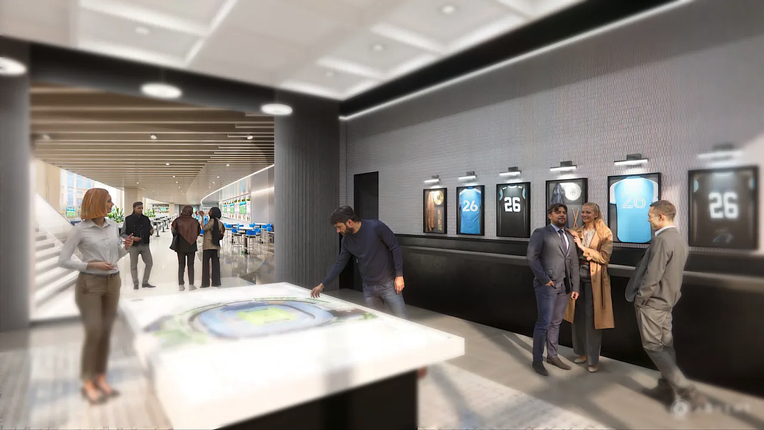 A rendering of the Immersive Cube at the Bank of America Stadium Experience Center in Charlotte, North Carolina. Plans for the Jacksonville Jaguars’ sales center also show a similar “cube” presentation area.