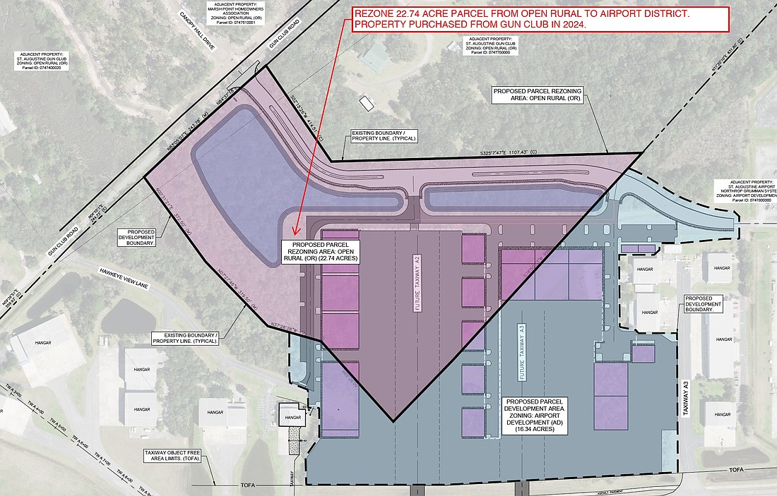 A St. Augustine Airport rezoning would support a two-phase project tied to the airport’s terminal access road improvements. The first phase includes demolishing and realigning a portion of Hawkeye View Lane and constructing a new road, East Terminal Drive, connecting Gun Club Road to aviation facilities on the airport’s east side.