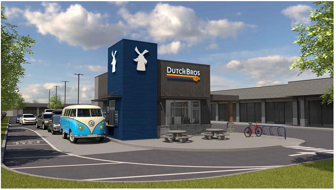A rendering of a Dutch Bros Coffee kiosk, while the actual building design may differ.