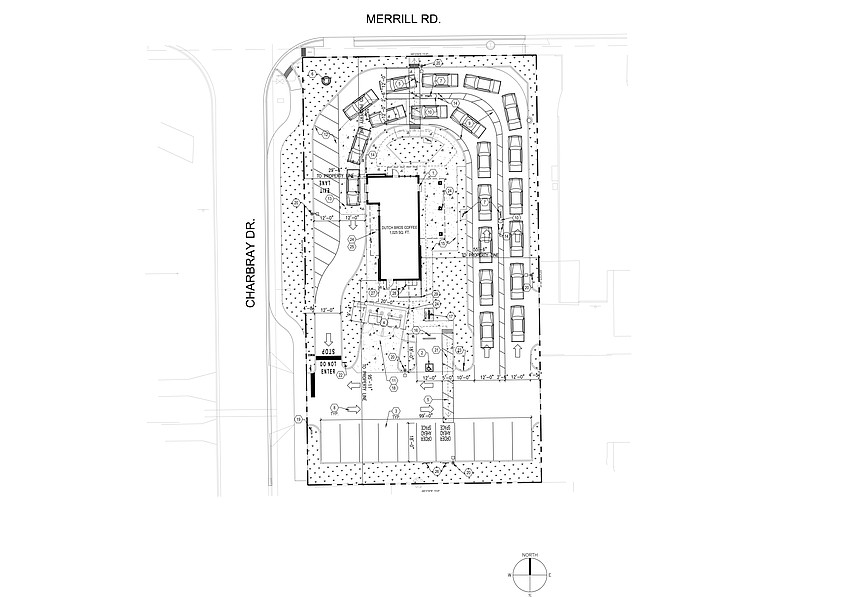 The site plan for the Dutch Bros Coffee kiosk approved for construction at 7130 Merrill Road. The site plan for the Dutch Bros Coffee kiosk approved for construction at 7130 Merrill Road.