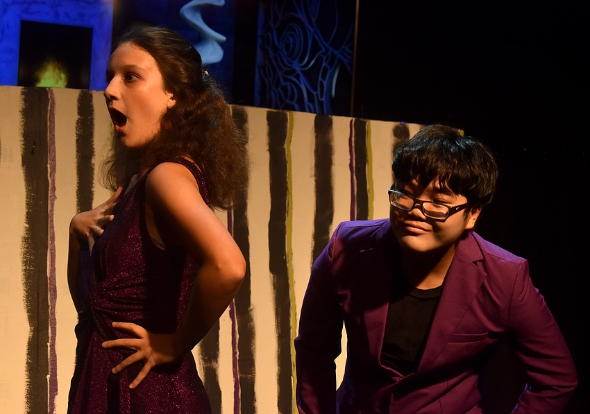 Parrish's Noelle Androsyan, 12, and Collin Borg, 13, play Maxie and Maxine Dean during a dinner party scene in 