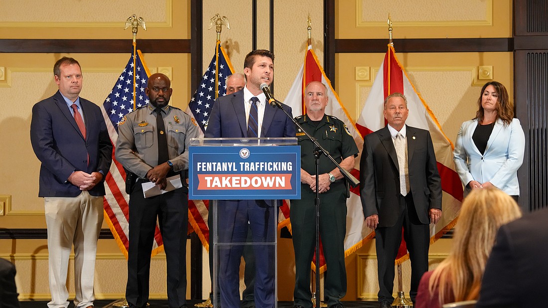 Florida Attorney General James Uthmeier announces charges in a multi-agency fentanyl trafficking investigation. Courtesy of the Office of the Attorney General.