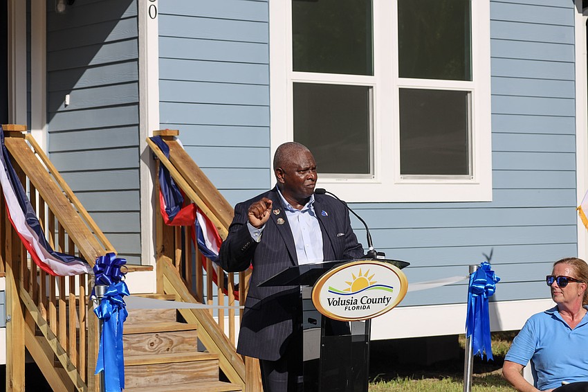 Volusia County Veteran of the Year Pierre Louis speaks at the celebration of his newly reconstructed home. Courtesy photo