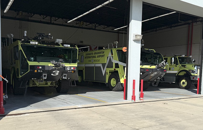The two newer Sarasota-Bradenton International Airport Fire Department fire trucks have been converted to PFAS-free firefighting foam. The truck on the far right still awaits transition work. The two newer Sarasota-Bradenton International Airport Fire Department fire trucks have been converted to PFAS-free firefighting foam. The truck on the far right still awaits transition work.