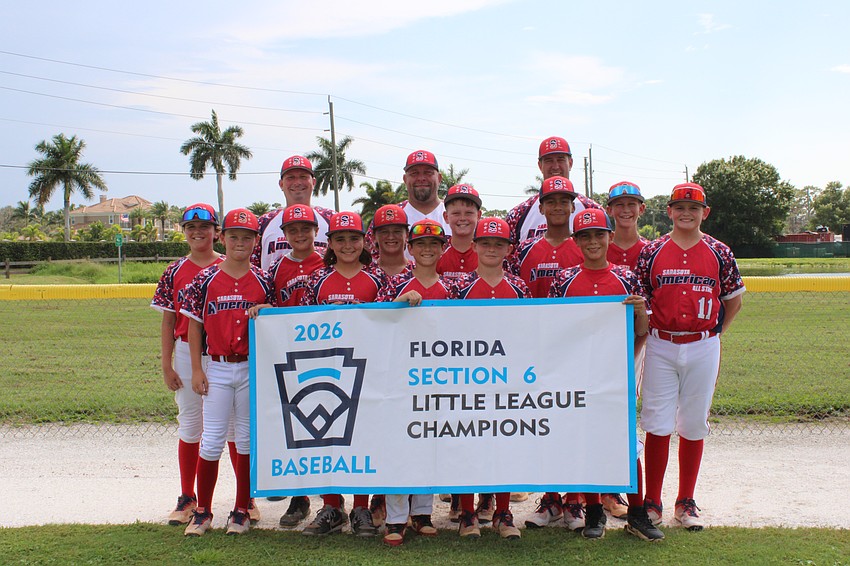 The 2026 Sarasota Little League 12U American All-Stars. Back row from left: Rob Hugo, Aaron Meininghaus and Mike D'Hondt. Middle row from left: Jack McQuillan, Jax Roberts, Liam Smith, Stone Meininghaus, Logan Maldonado and Henry D'Hondt. Front row from left: Lleyton McNaughton, Lorenzo Izzo, Davis Brown, Grayson Hugo, Miguel Bermudez and Bentley Ariagno (Dylan Parrish not pictured).