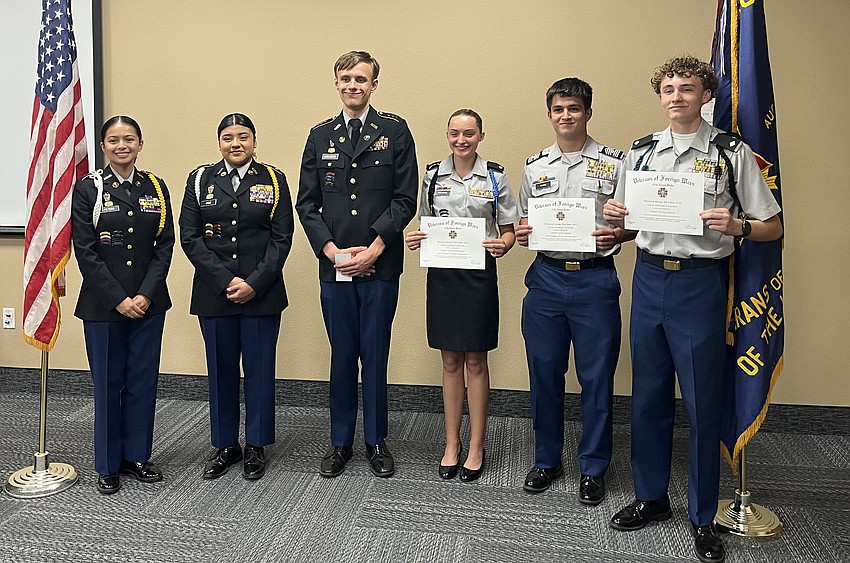 Braden River High School cadets Kaiya Peters, Dianna Cruz and Holden Kirchberg and Lakewood Ranch High School cadets Tatum Coleman, Gino Tambe and Tyler Owens each received a $2,000 scholarship from the Braden River VFW Post 12055 in May. Braden River High School cadets Kaiya Peters, Dianna Cruz and Holden Kirchberg and Lakewood Ranch High School cadets Tatum Coleman, Gino Tambe and Tyler Owens each received a $2,000 scholarship from the Braden River VFW Post 12055 in May.